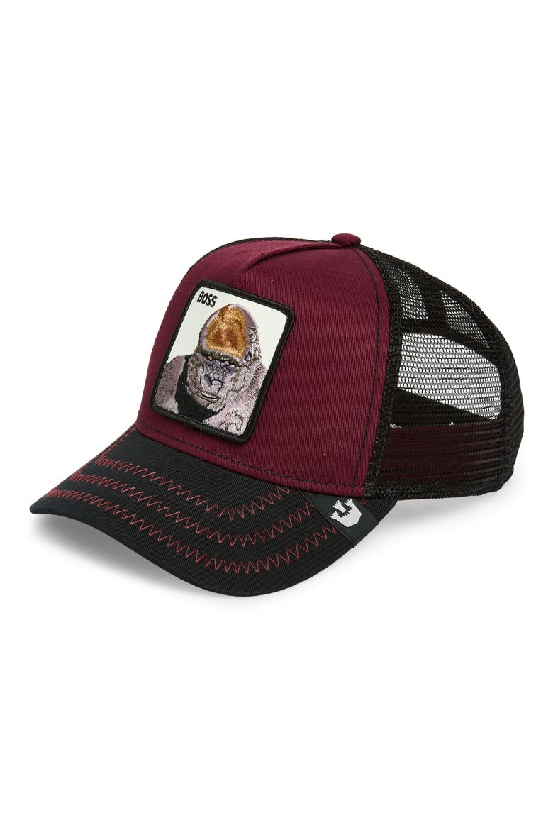 The Boss Gorilla Patch Snapback Trucker Hat, Main, color, WINE