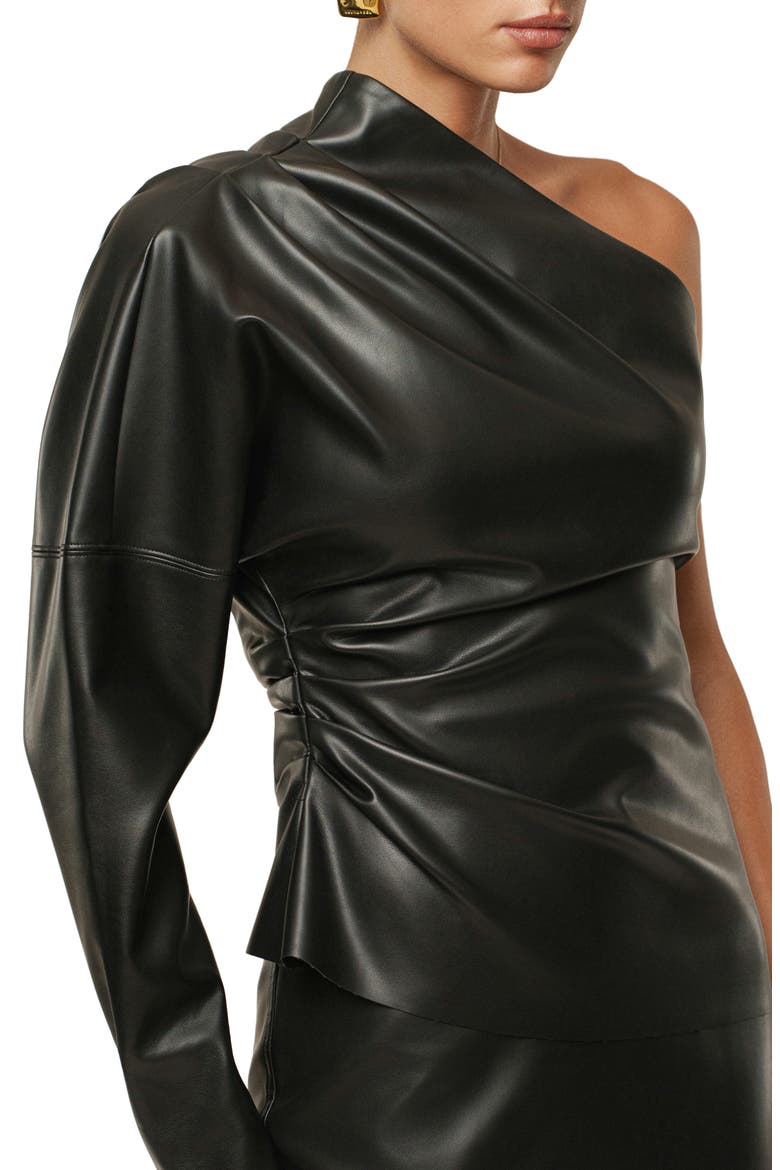 Demi One-Shoulder Faux Leather Top, Alternate, color, BLACK