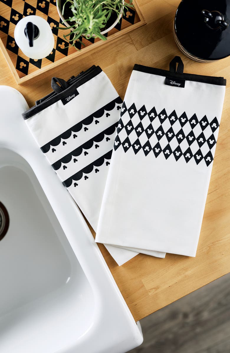 Disney Mickey Monochrome Set of 2 Cotton Dish Towels, Alternate, color, Black/ White