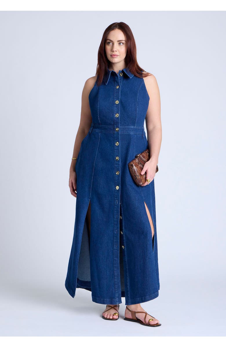 ELOQUII Sleeveless Denim Midi Dress, Alternate, color, Medium Wash