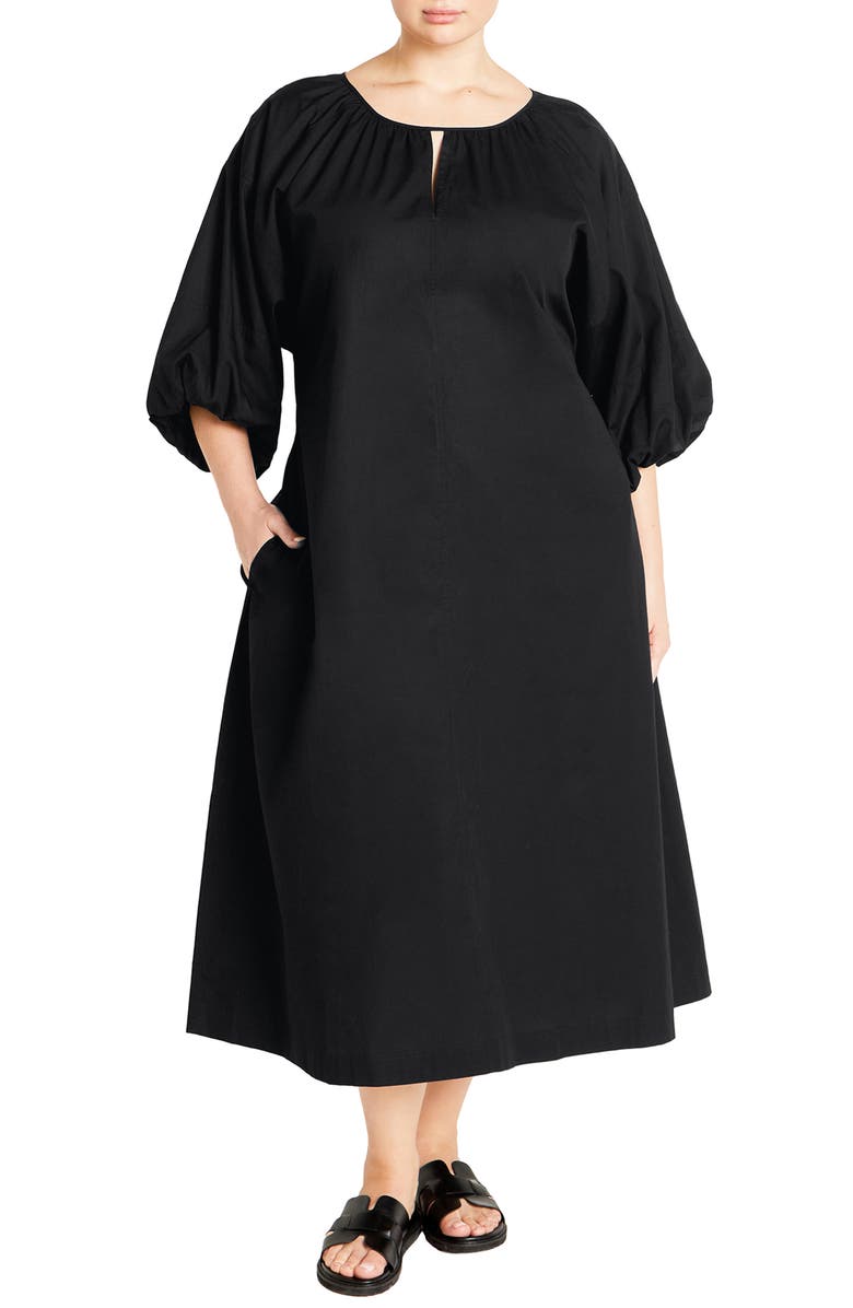 City Chic Jamie Balloon Sleeve Cotton Midi Dress, Alternate, color, Black