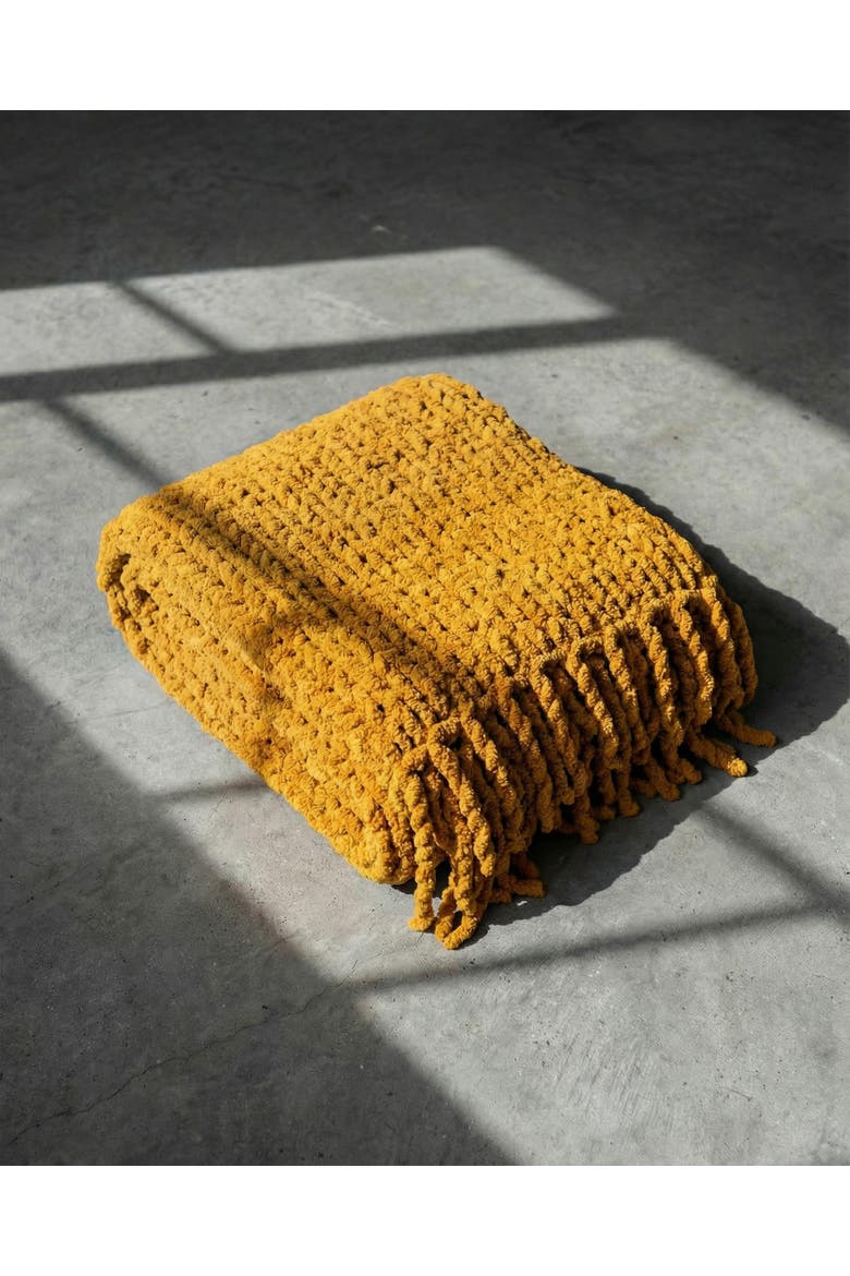 Chunky Chenille Knit Blanket With Fringe, Alternate, color, Saffron