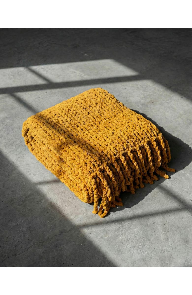 VILLA ABURI Chunky Chenille Knit Blanket With Fringe, Alternate, color, Saffron