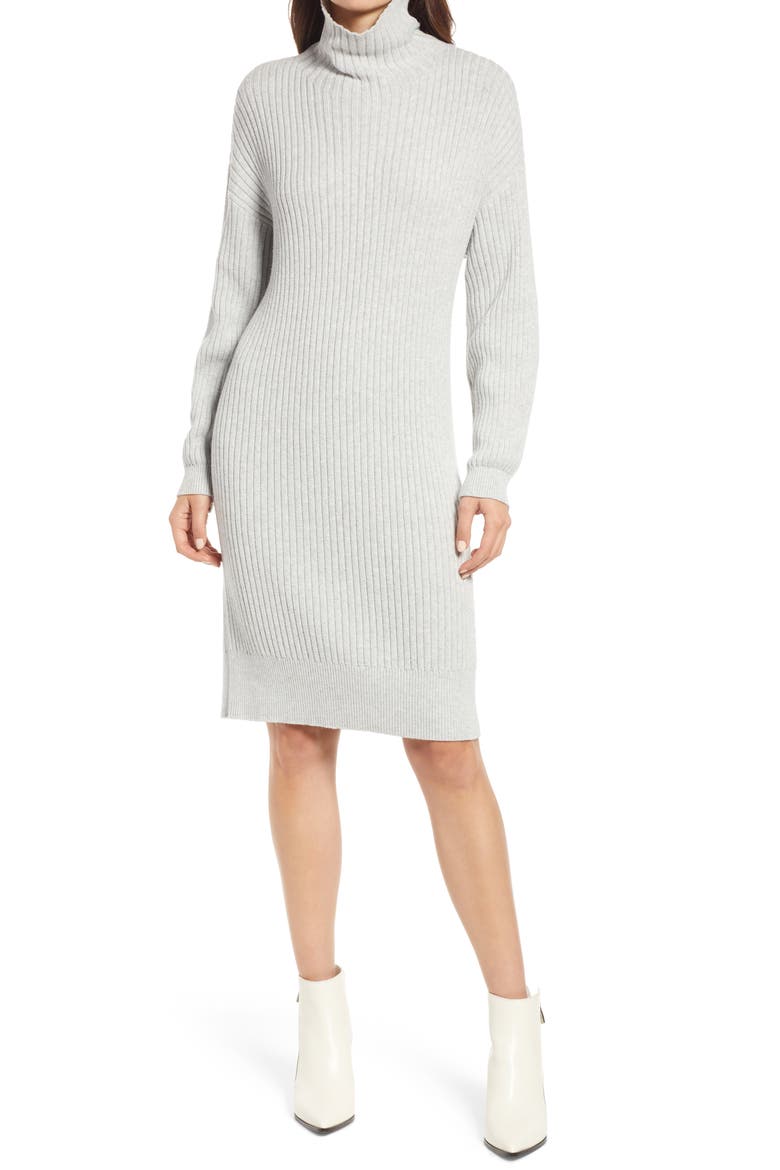 Turtleneck Ribbed Long Sleeve Sweater Dress, Main, color, GREY LIGHT HEATHER