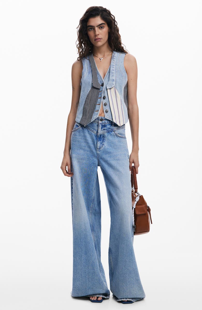 Desigual Patchwork Crop Denim Vest, Alternate, color, Blue