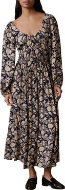 Faherty Floral Long Sleeve Seersucker Midi Dress