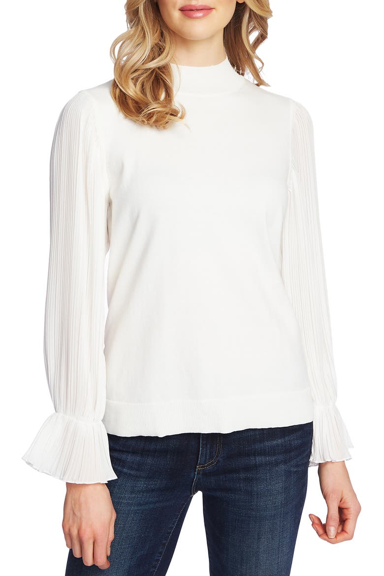 Pleated Sleeve Mock Neck Sweater, Main, color, ANTIQUE WHITE