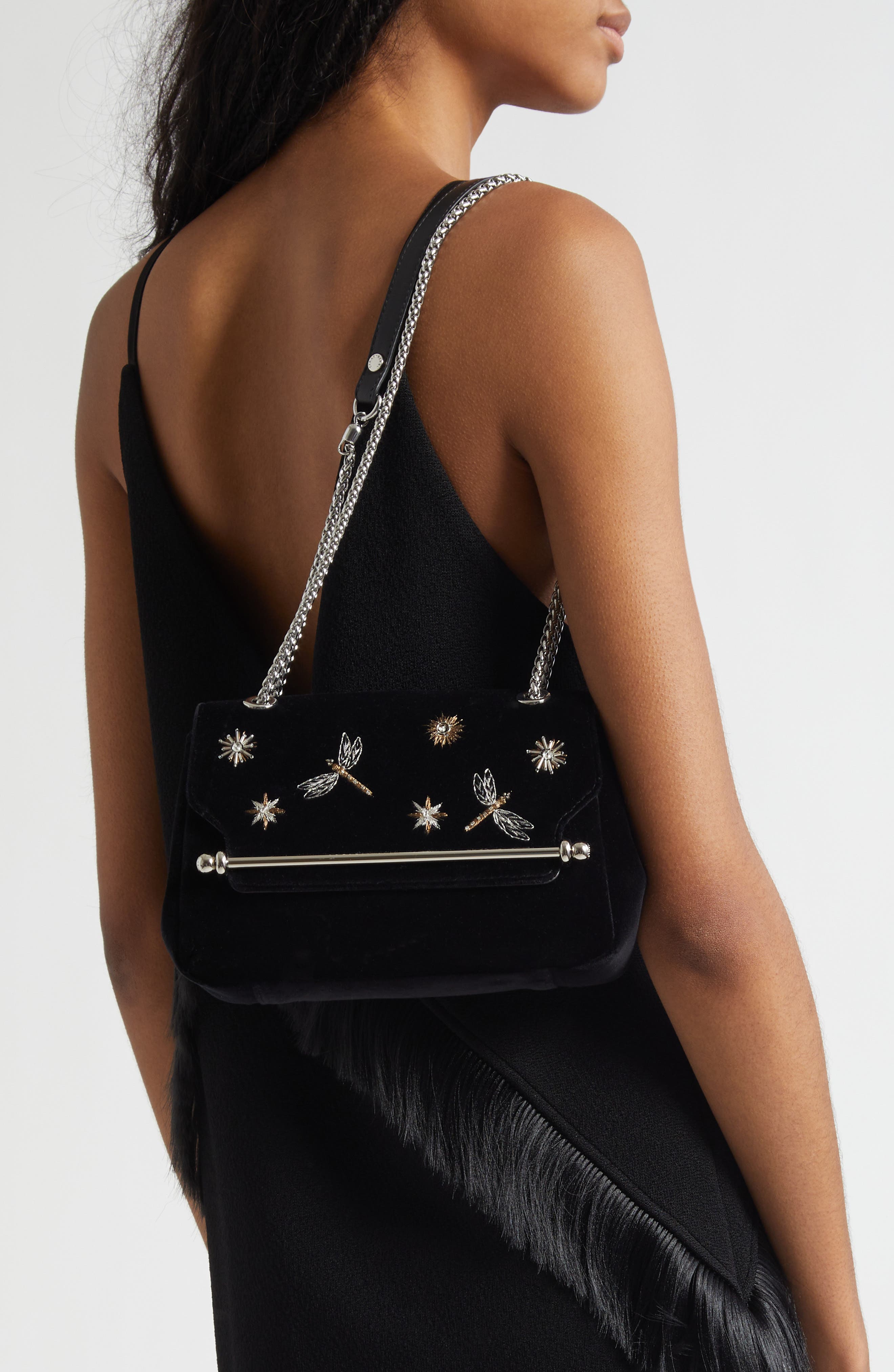Strathberry x Cinq à Sept Mini East/West Embroidered Velveteen Shoulder Bag, Alternate, color, Black