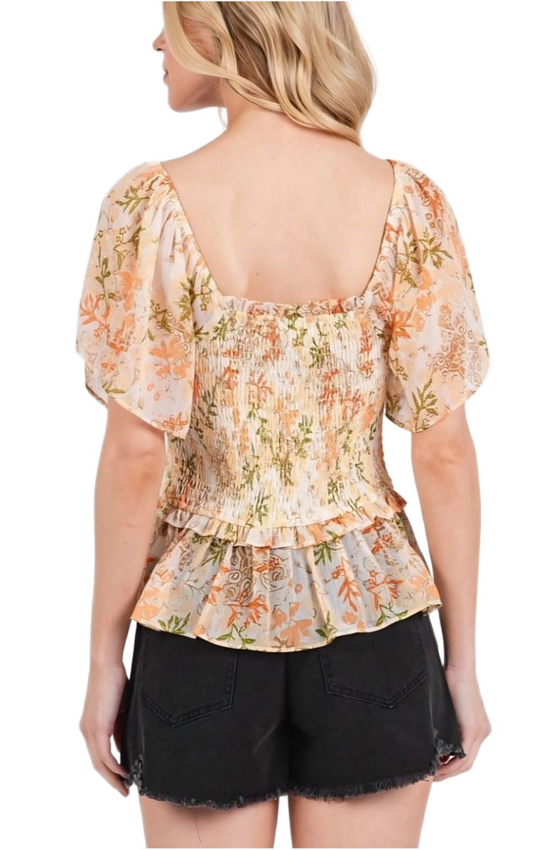 Knit and Lounge Soft Floral Print Lightweight Smocked Peplum Top Flutter Sleeve Square Neck, Alternate, color, Peach Floral