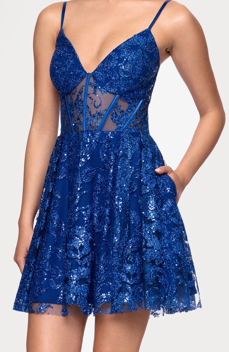 Blondie Nites Illusion Mesh Glitter Minidress, Alternate, color, Royal