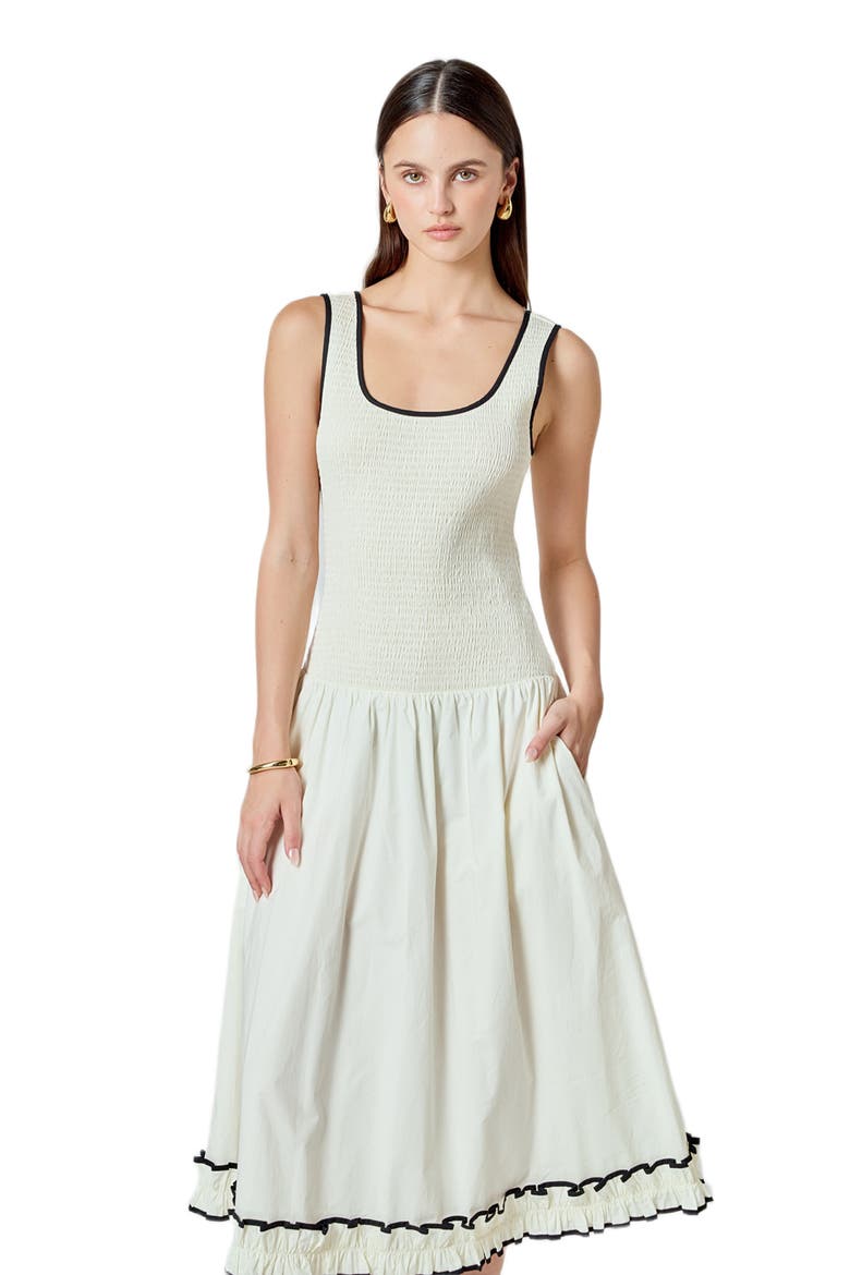 Smocked Drop Waist Midi Dress, Alternate, color, IVORY