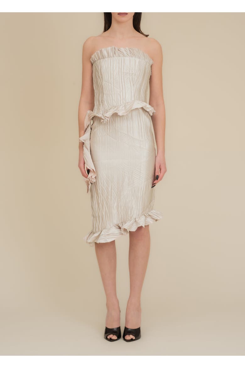 Le Fay Raw-Edged Pleated Satin Ruffle Dress, Alternate, color, Champagne