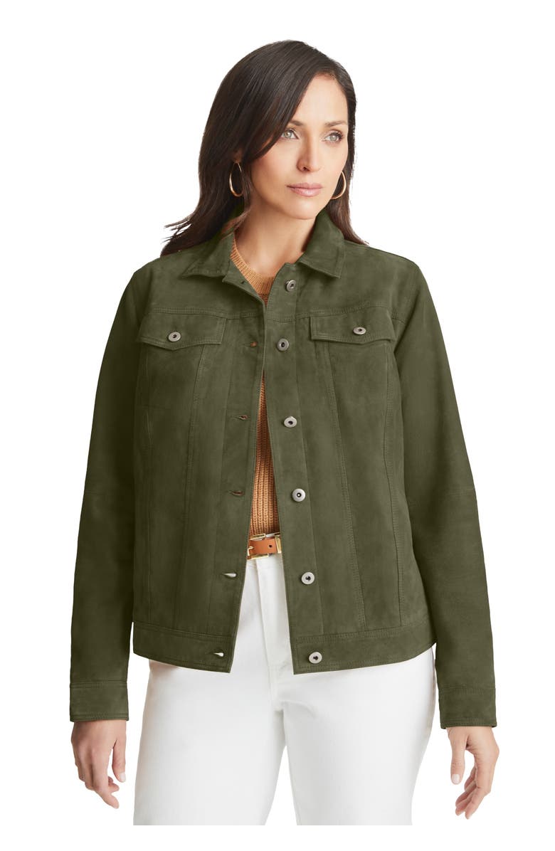 Jessica London Suede Jean Jacket, Main, color, Dark Olive Green
