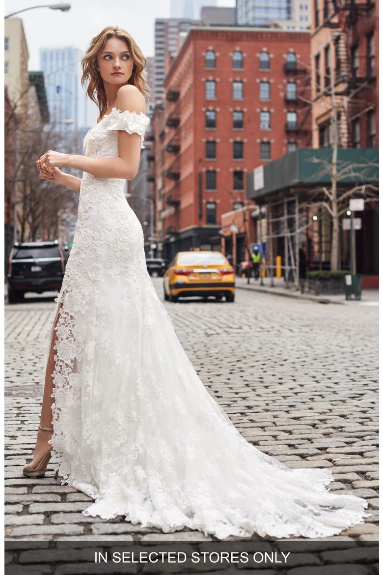 Embroidered Off the Shoulder Trumpet Gown, Main, color, SILK WHITE
