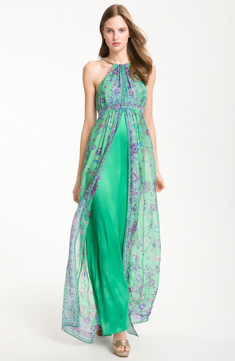 Laundry by Shelli Segal Split Chiffon Overlay Halter Gown, Main, color, 