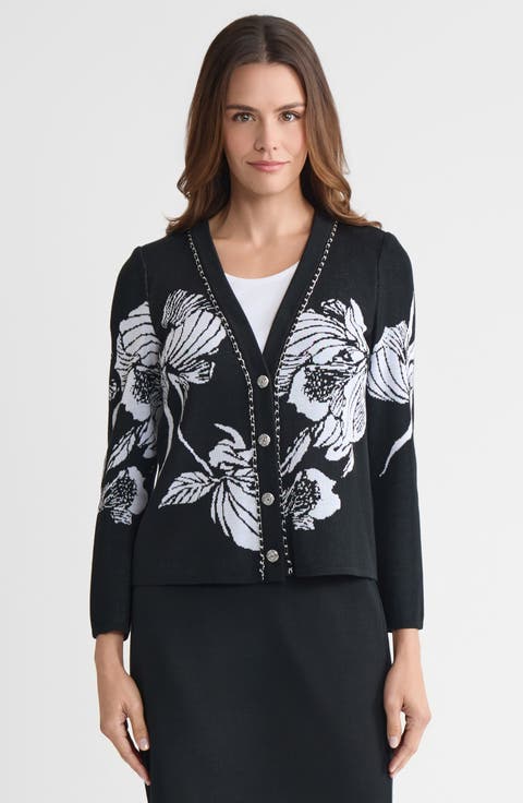 Heritage Chain Trim Floral Jacquard Knit Cardigan