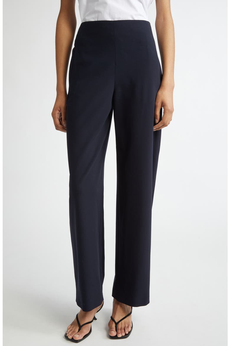 Larissa Loose Fit Stretch Virgin Wool Crepe Trousers, Main, color, NAVY