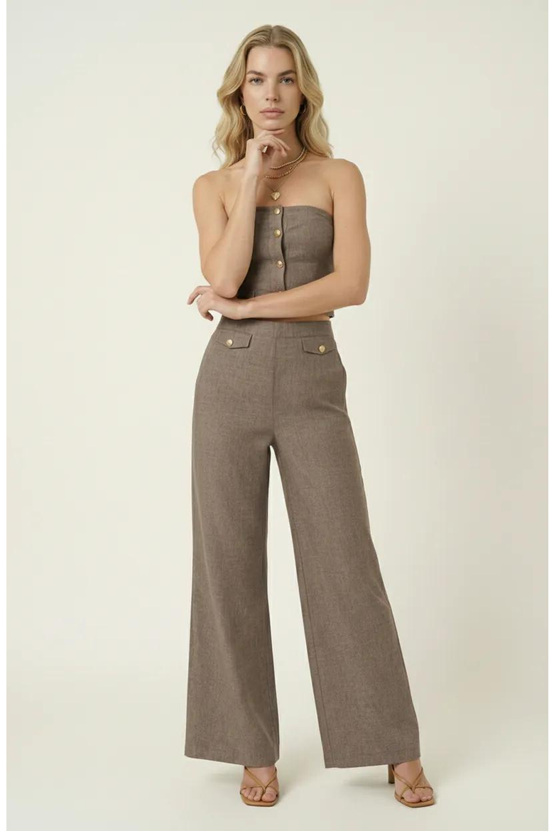 Strapless Button-Front Crop Top and Wide-Leg Pants Two-Piece Set, Alternate, color, Grey