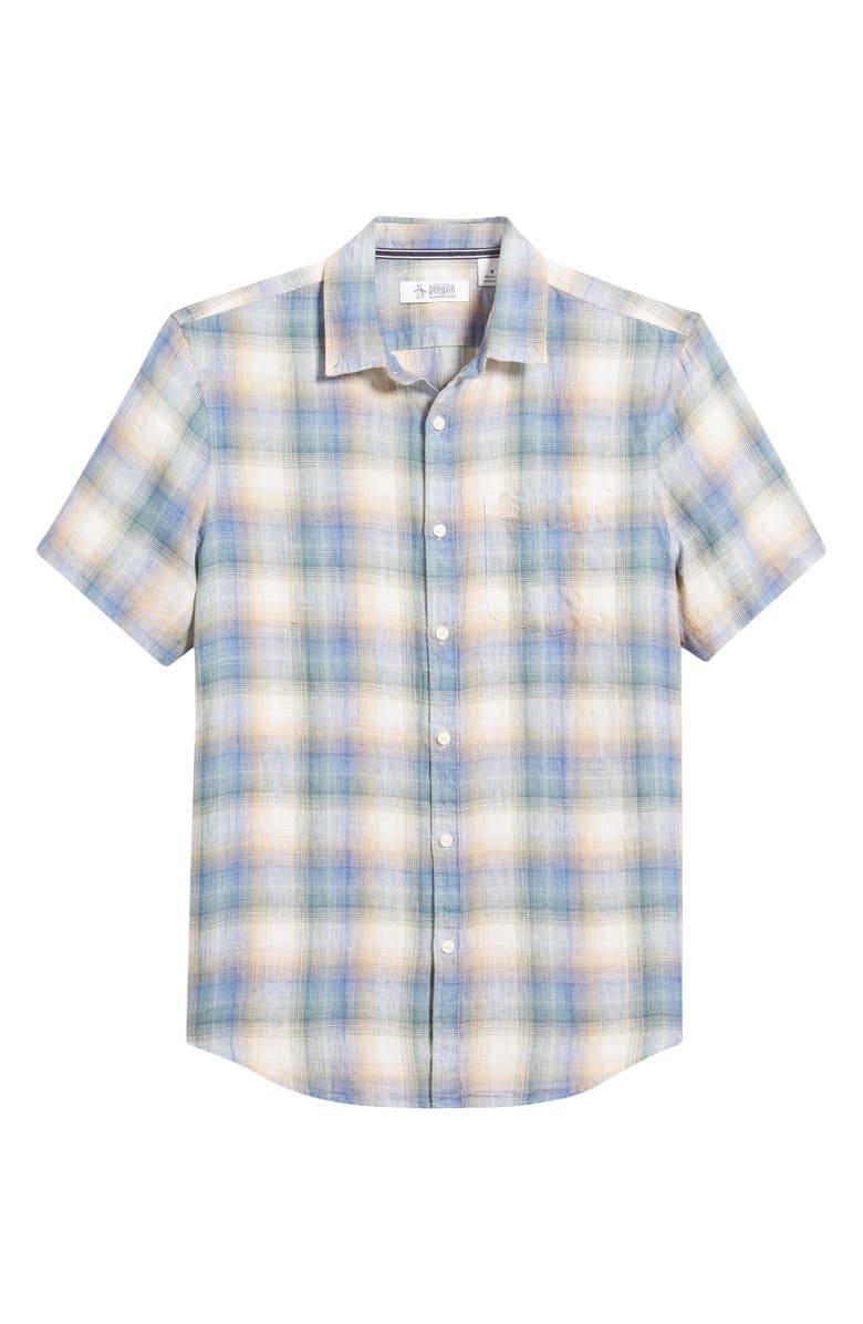 Original Penguin Delave Plaid Short Sleeve Linen Button-Down Shirt, Alternate, color, Tourmaline