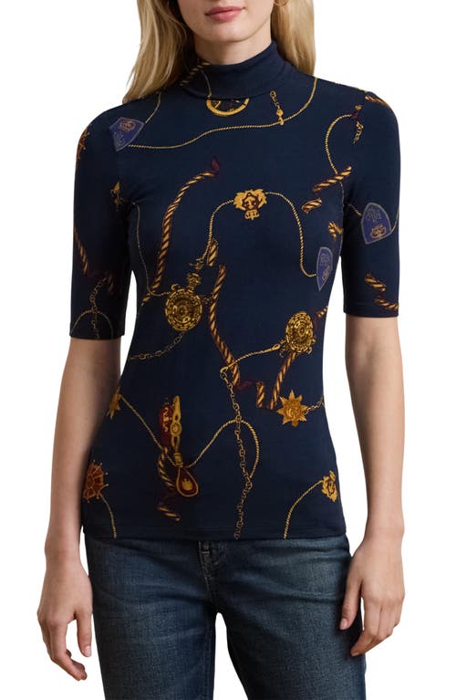 Ralph Lauren Women's Belting-print Stretch Jersey Turtleneck In Navy Multi