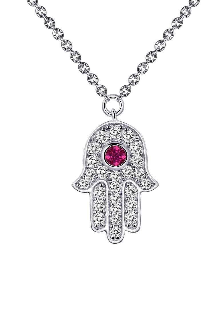 Simulated Diamond Hamsa Pendant Necklace, Main, color, RUBY / SILVER