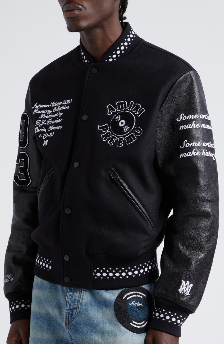 AMIRI x Premier Records Patch Leather Sleeve Wool Blend Varsity Jacket, Alternate, color, Black