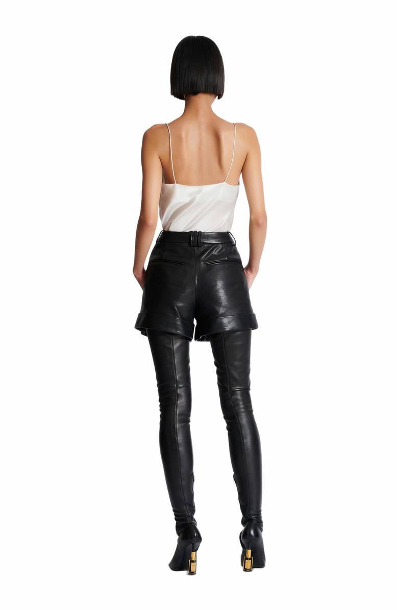 Balmain Pleated Lambskin Shorts, Alternate, color, Black