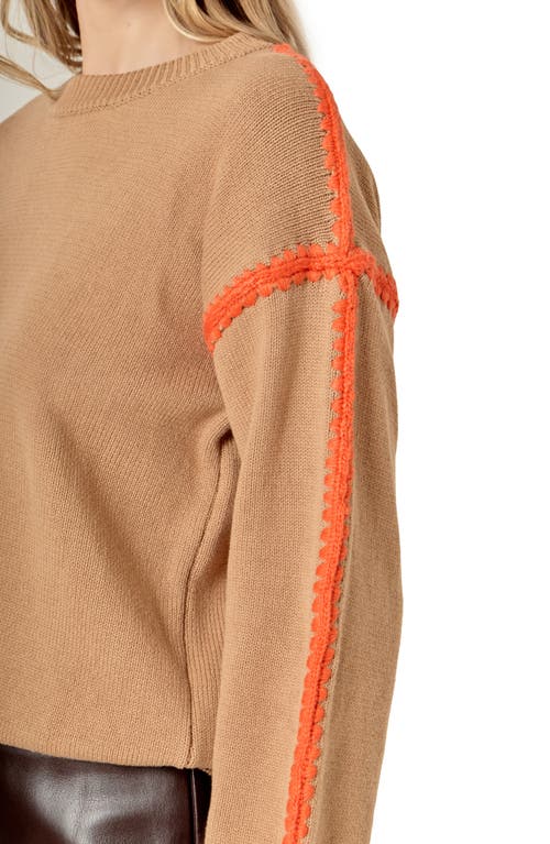 English Factory Stitch Detail Relaxed Fit Cotton Sweater In Brown