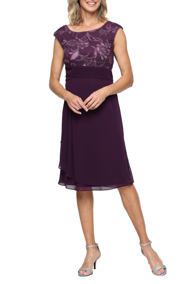 Embroidered Bodice Chiffon Cocktail Dress, Main, color, PLUM