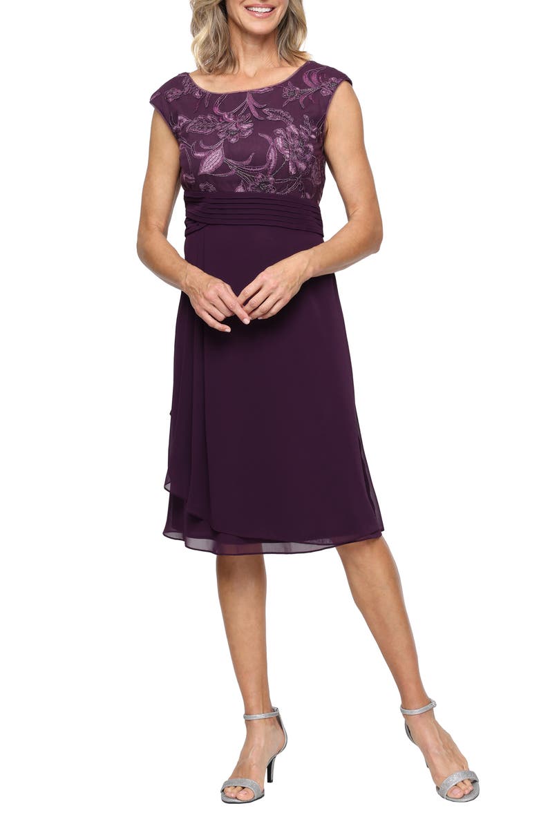 Alex Evenings Embroidered Bodice Chiffon Cocktail Dress, Main, color, Plum