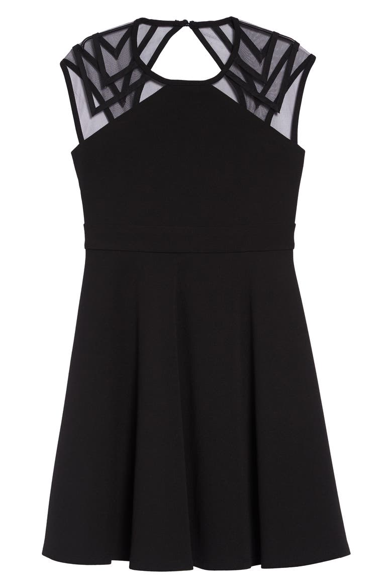 Illusion Shoulder Skater Dress, Main, color, BLACK