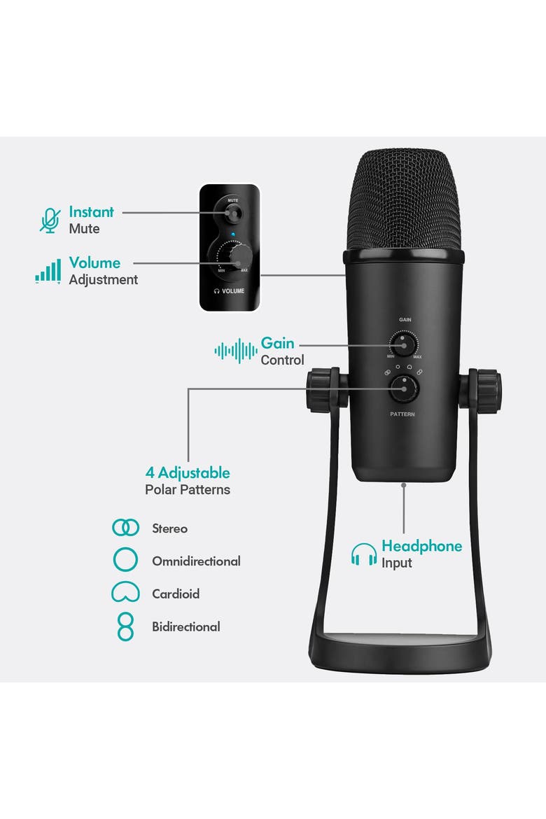 USB Podcast Equipment Bundle for 4 with USB Interface with 4 Condenser Microphones, Alternate, color, Black