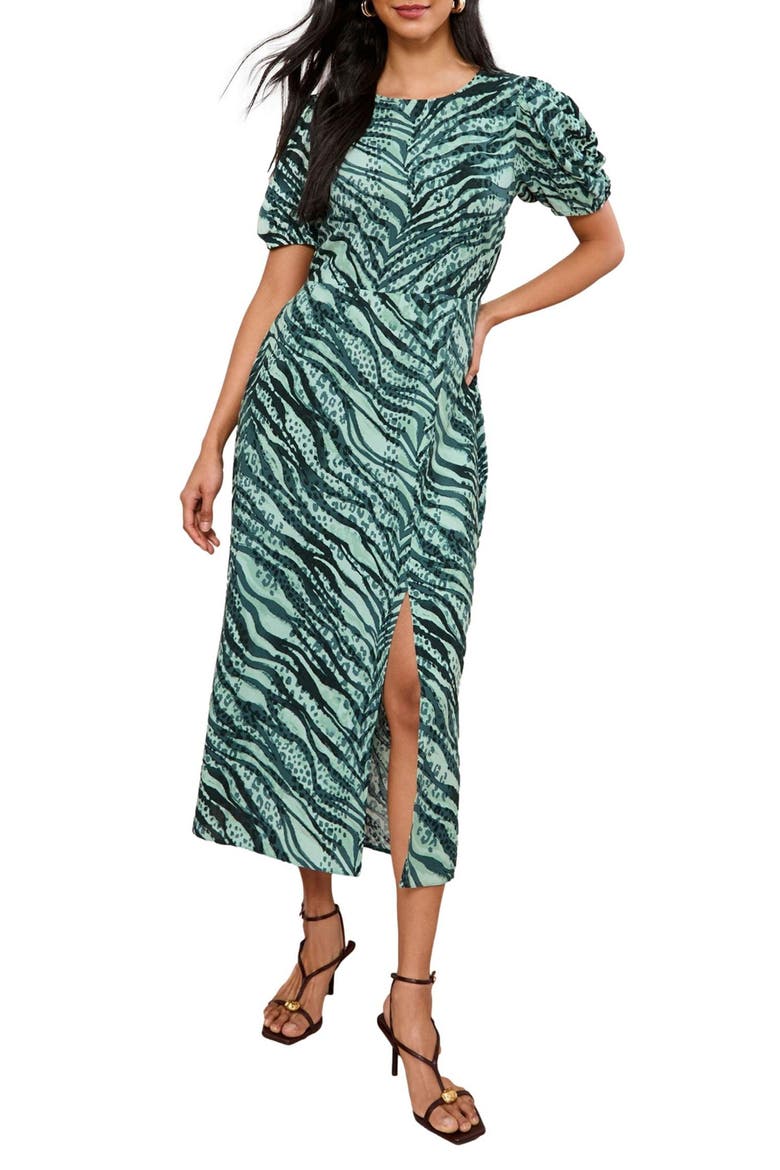 Zebra Puff Sleeve Maxi Dress, Main, color, GREEN