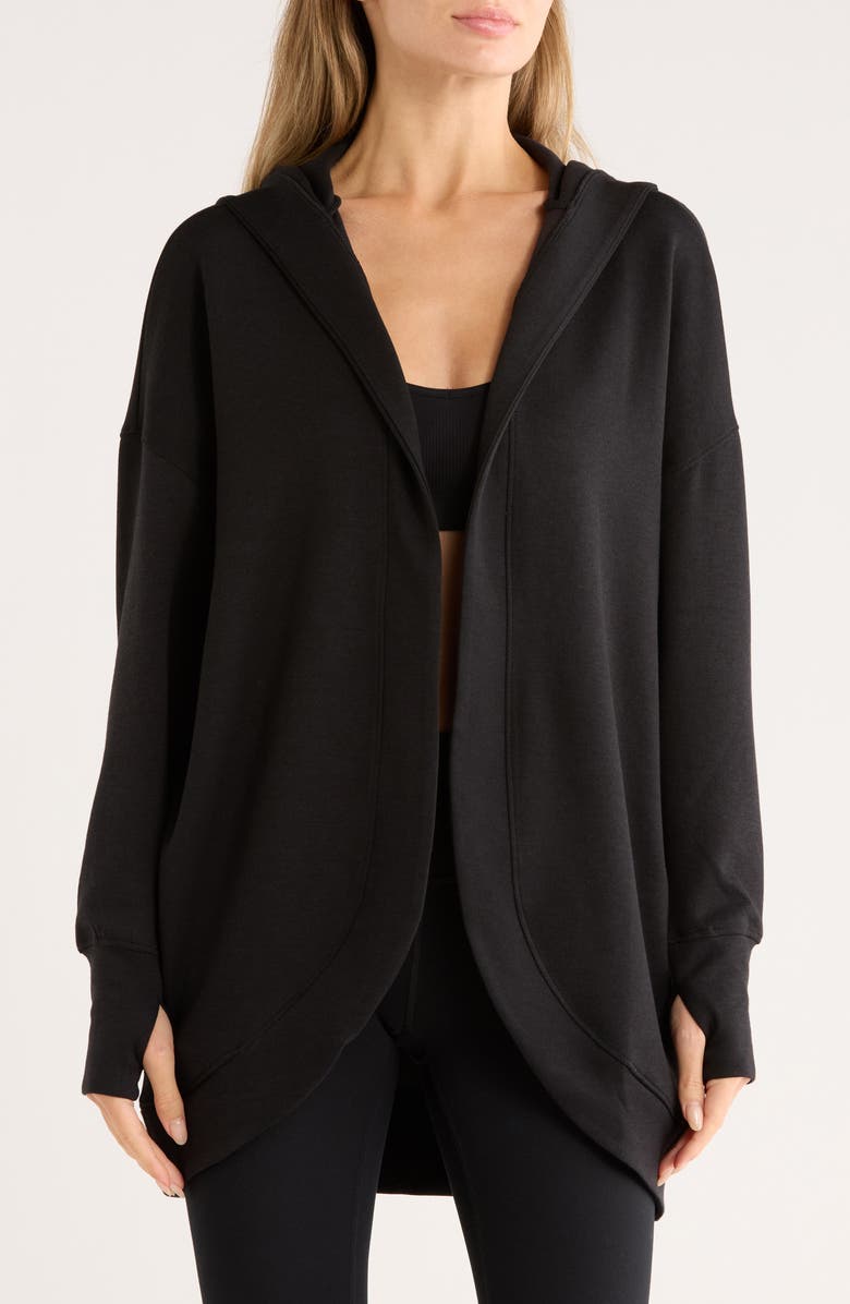 YOGALICIOUS Side Pocket Open Front Fleece Hoodie, Main, color, Black