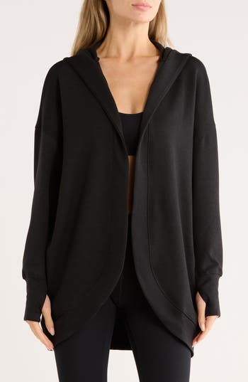 Yogalicious Side Pocket Open Front Fleece Hoodie In Black