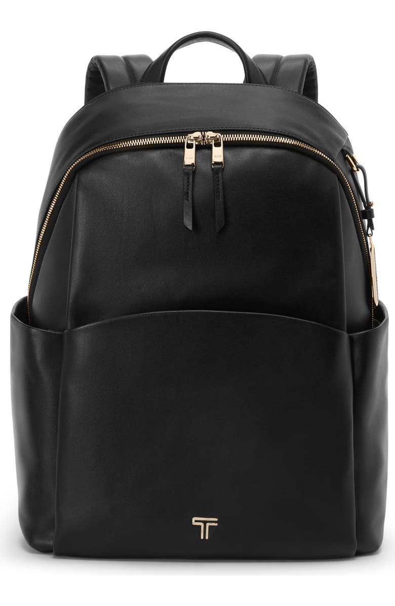 TUMI Raina Large Leather Backpack, Main, color, Black/ Light Gold