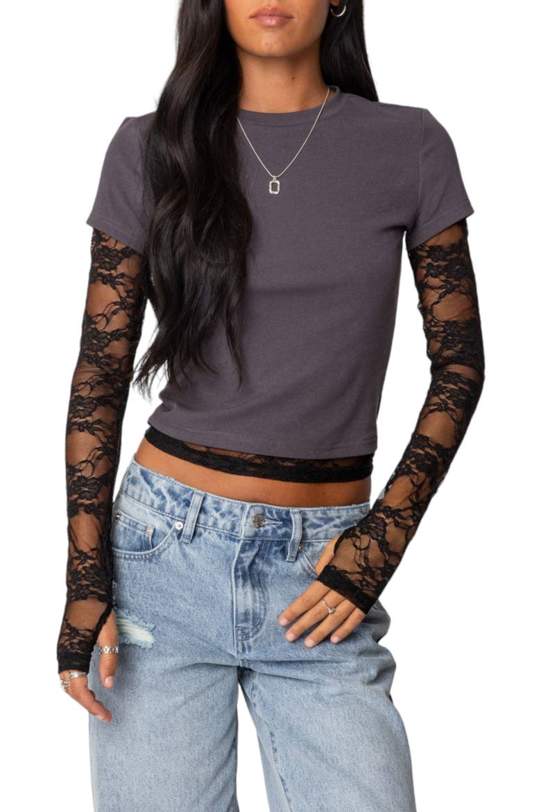 Layered Lace Long Sleeve T-Shirt, Main, color, GRAY
