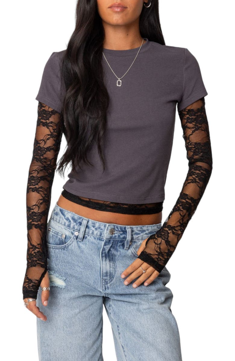 EDIKTED Layered Lace Long Sleeve T-Shirt, Main, color, Gray