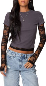 EDIKTED Layered Lace Long Sleeve T-Shirt