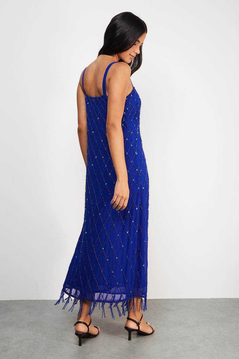 Hand Embellished Fringe Hem Midi Dress, Alternate, color, Cobalt