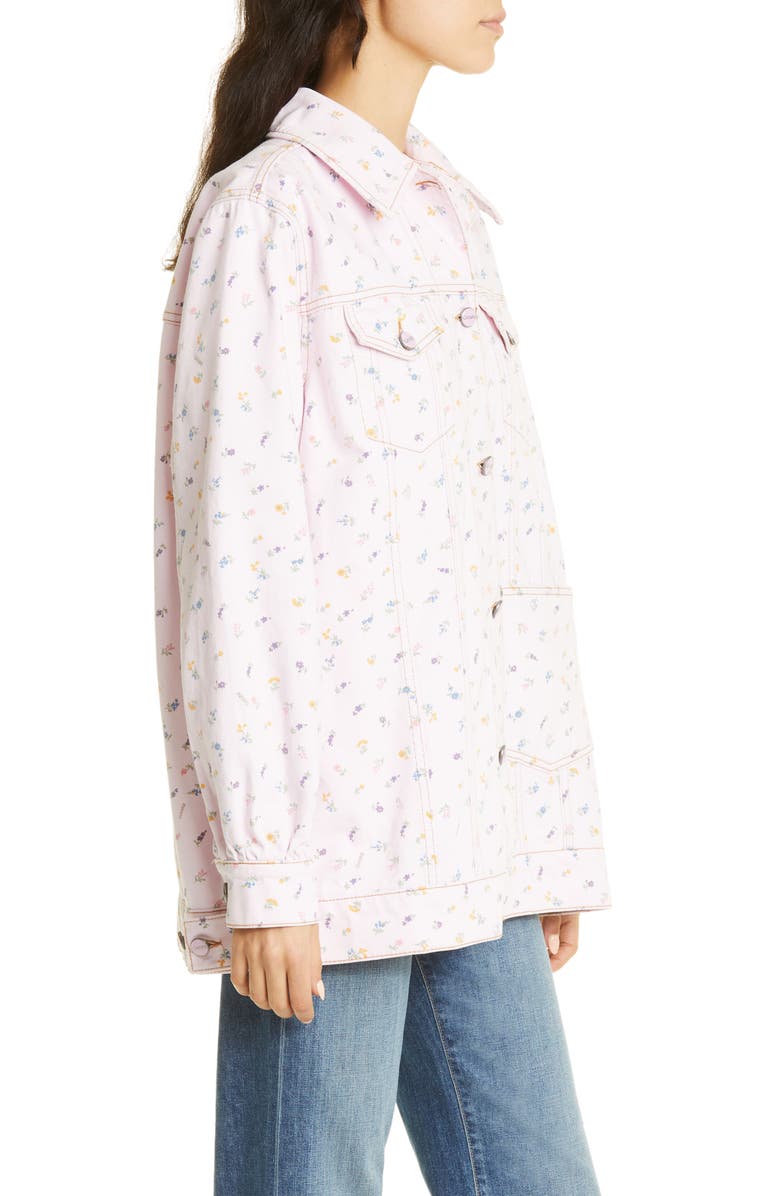 Ganni Floral Oversize Organic Cotton Denim Trucker Jacket, Alternate, color, 