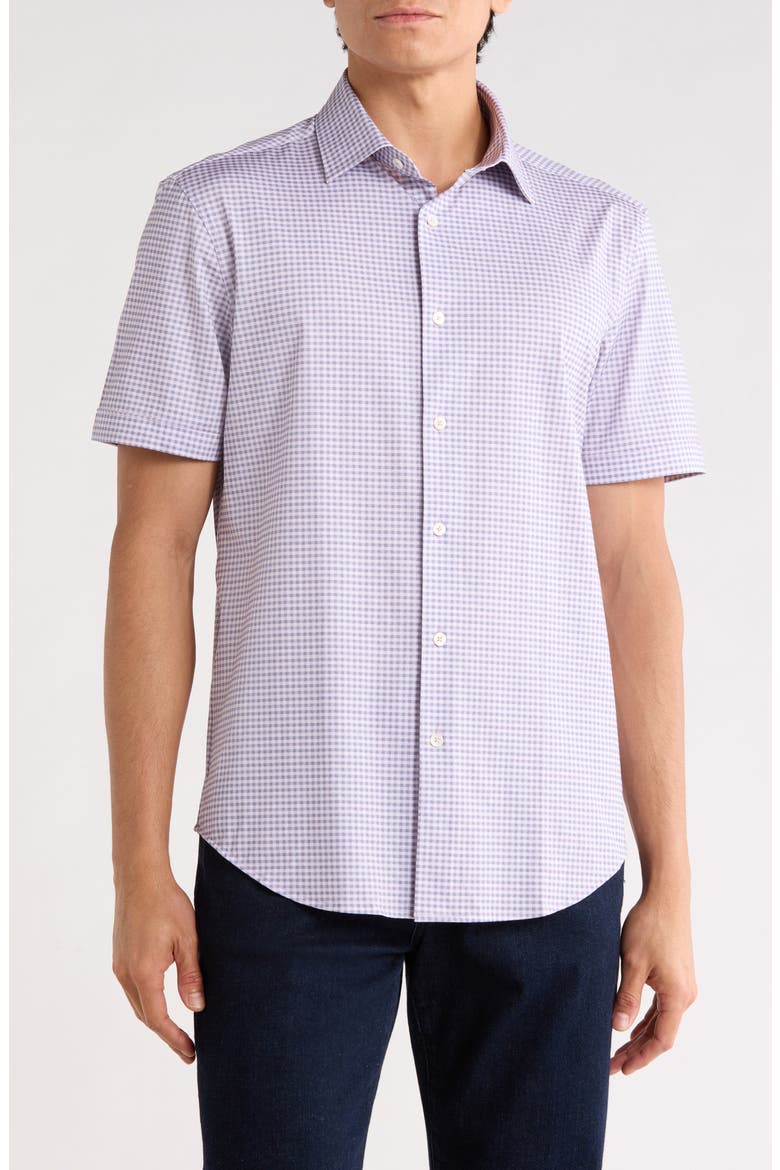 Plaid Stretch Cotton Short Sleeve Button-Up Shirt, Main, color, PINK