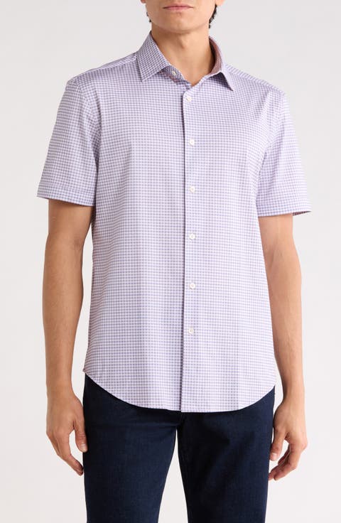 Plaid Stretch Cotton Short Sleeve Button-Up Shirt