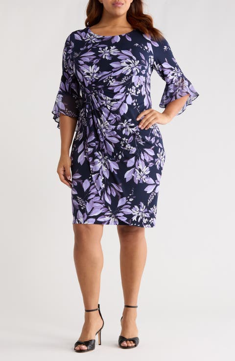 Bell Sleeve Faux Wrap Dress (Plus)