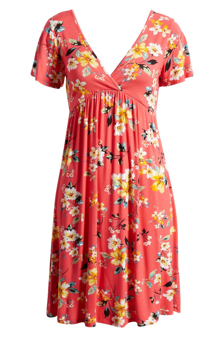 Floral Tie Back Surplice V-Neck Knit Minidress, Alternate, color, CORAL