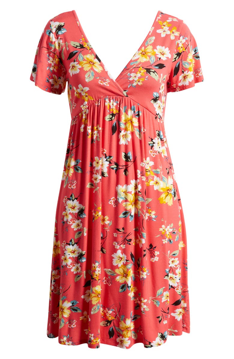 Loveappella Floral Tie Back Surplice V-Neck Knit Minidress, Alternate, color, Coral