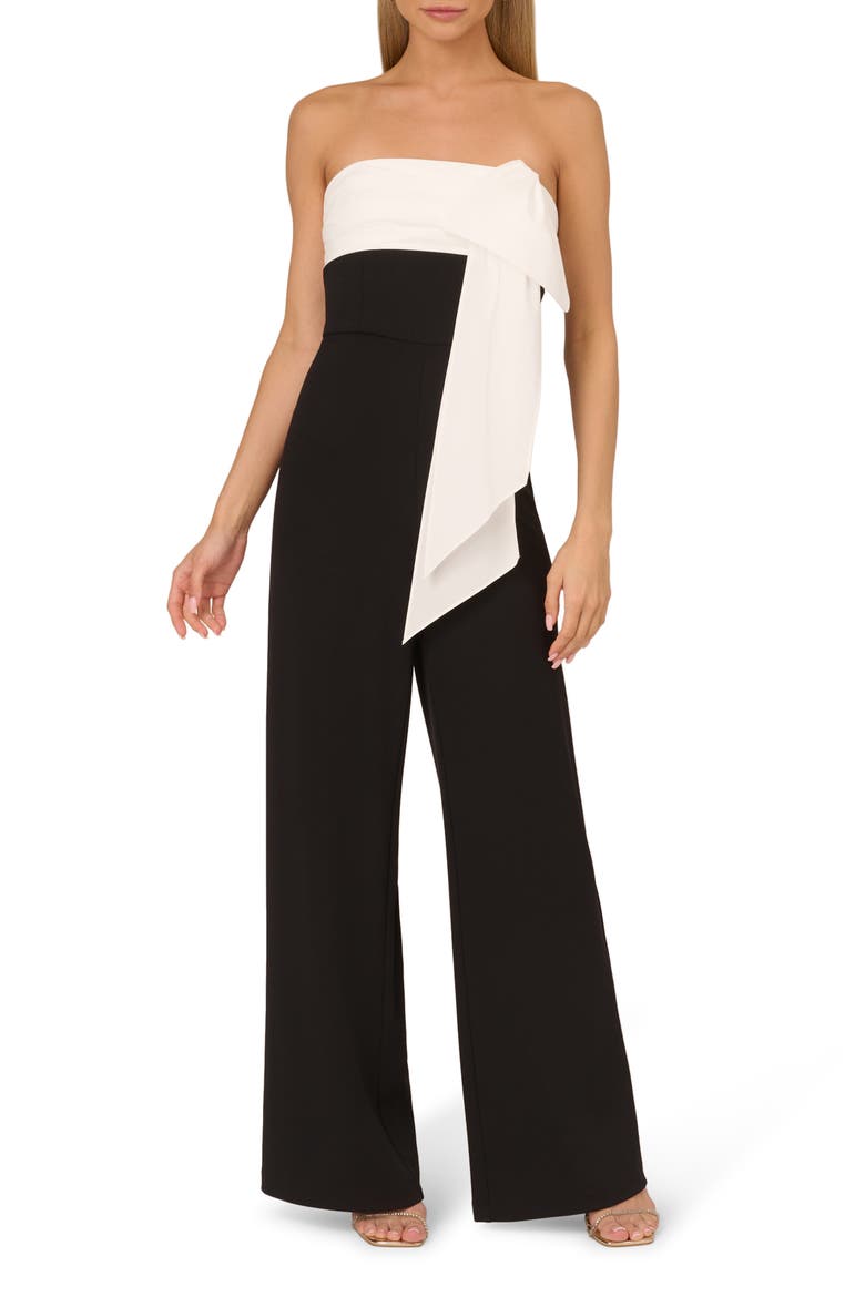 Strapless Taffeta & Crepe Jumpsuit, Main, color, BLACK/ WHITE