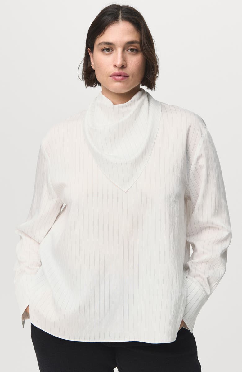 MANGO Pinstripe Long Sleeve Shirt with Scarf, Main, color, White