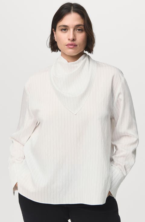 Pinstripe Long Sleeve Shirt with Scarf (Regular & Plus)