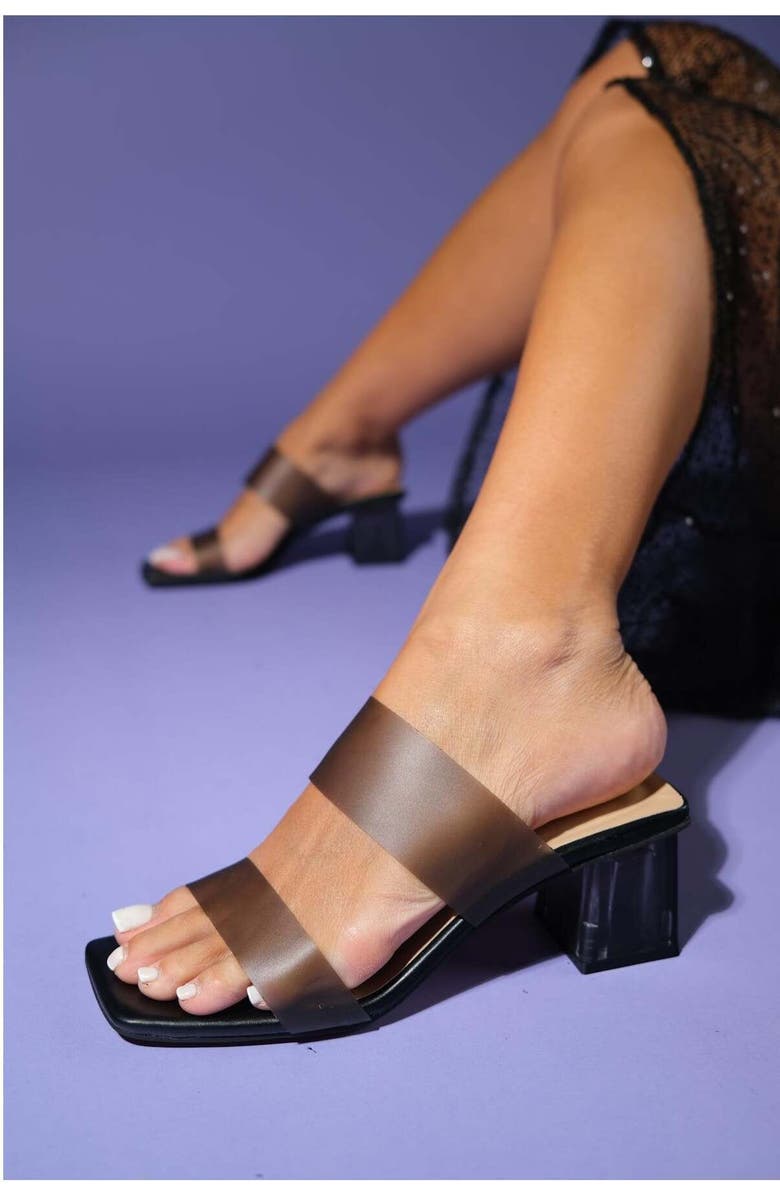 Prologue Shoes Elara Transparent Strap Sandal, Alternate, color, Black Faux Leather